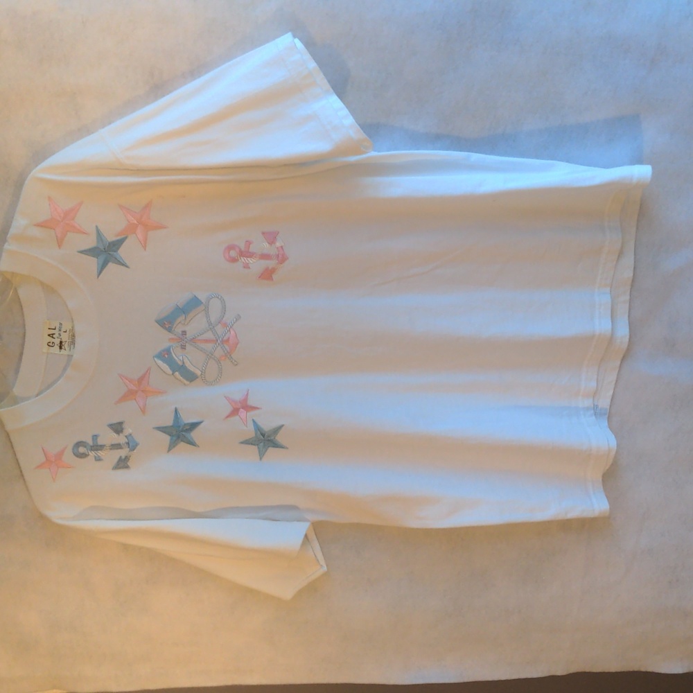 Woman's nautical t shirt with pink blue embroidered